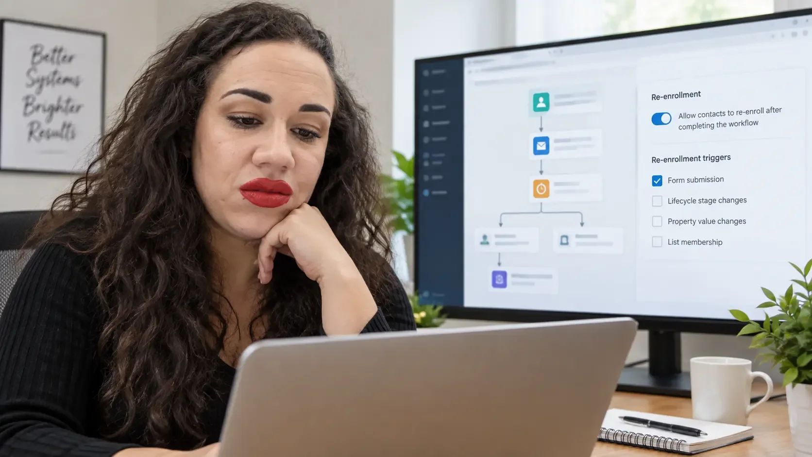 Woman reviewing workflow re-enrollment settings on a business software dashboard