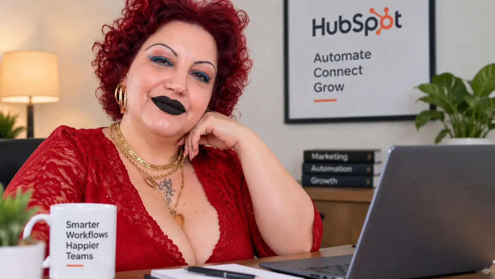 Woman reviewing a HubSpot workflow suppression setting on a laptop