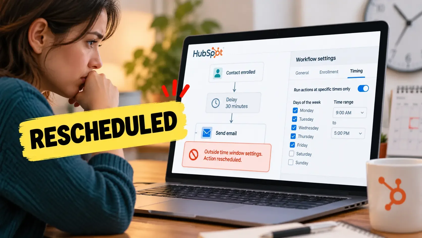 HubSpot workflow action rescheduled because Run actions at specific times is enabled