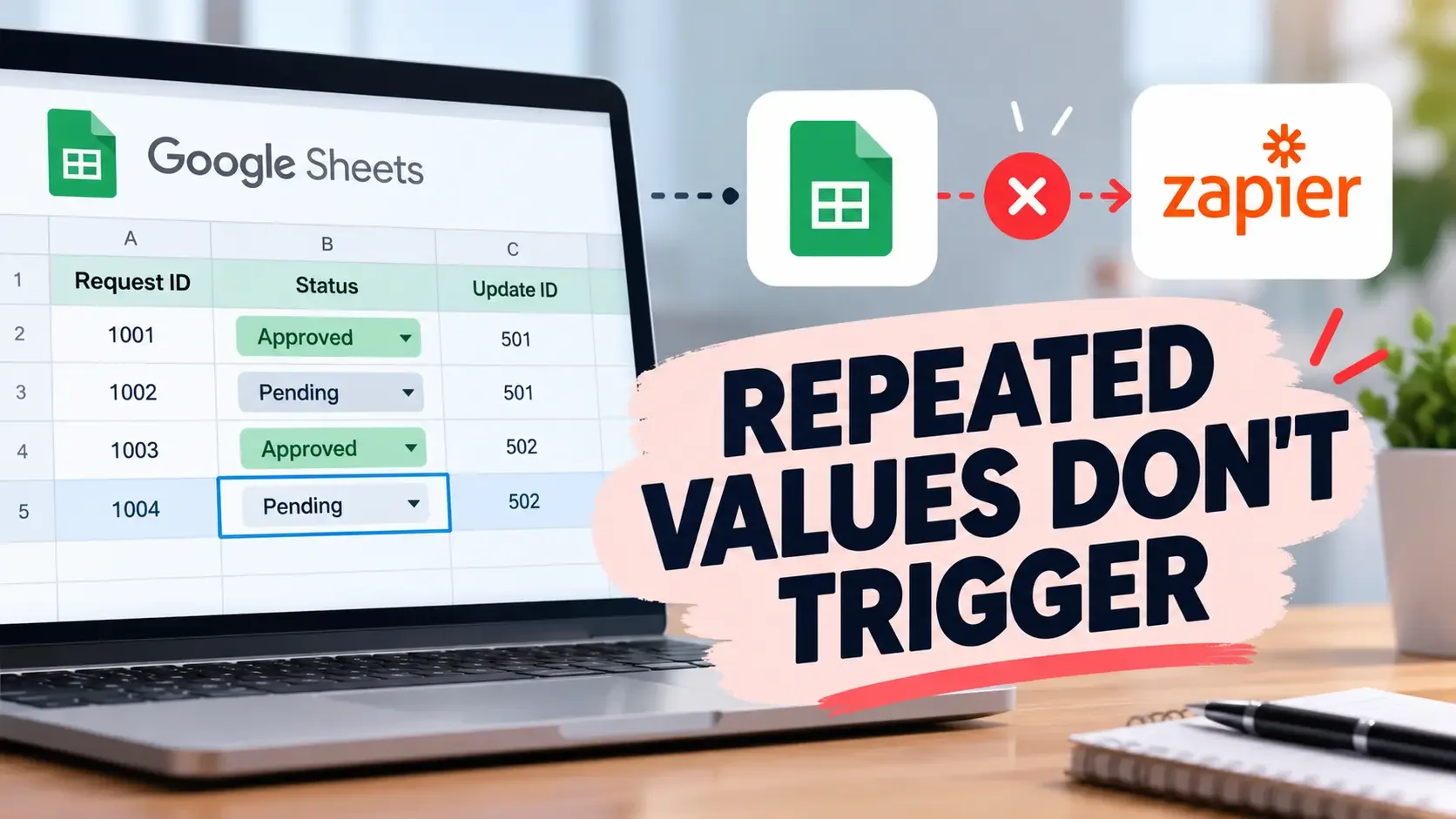 Google Sheets spreadsheet showing repeated status values and a failed Zapier automation trigger, illustrating why row updates may not start a Zap.