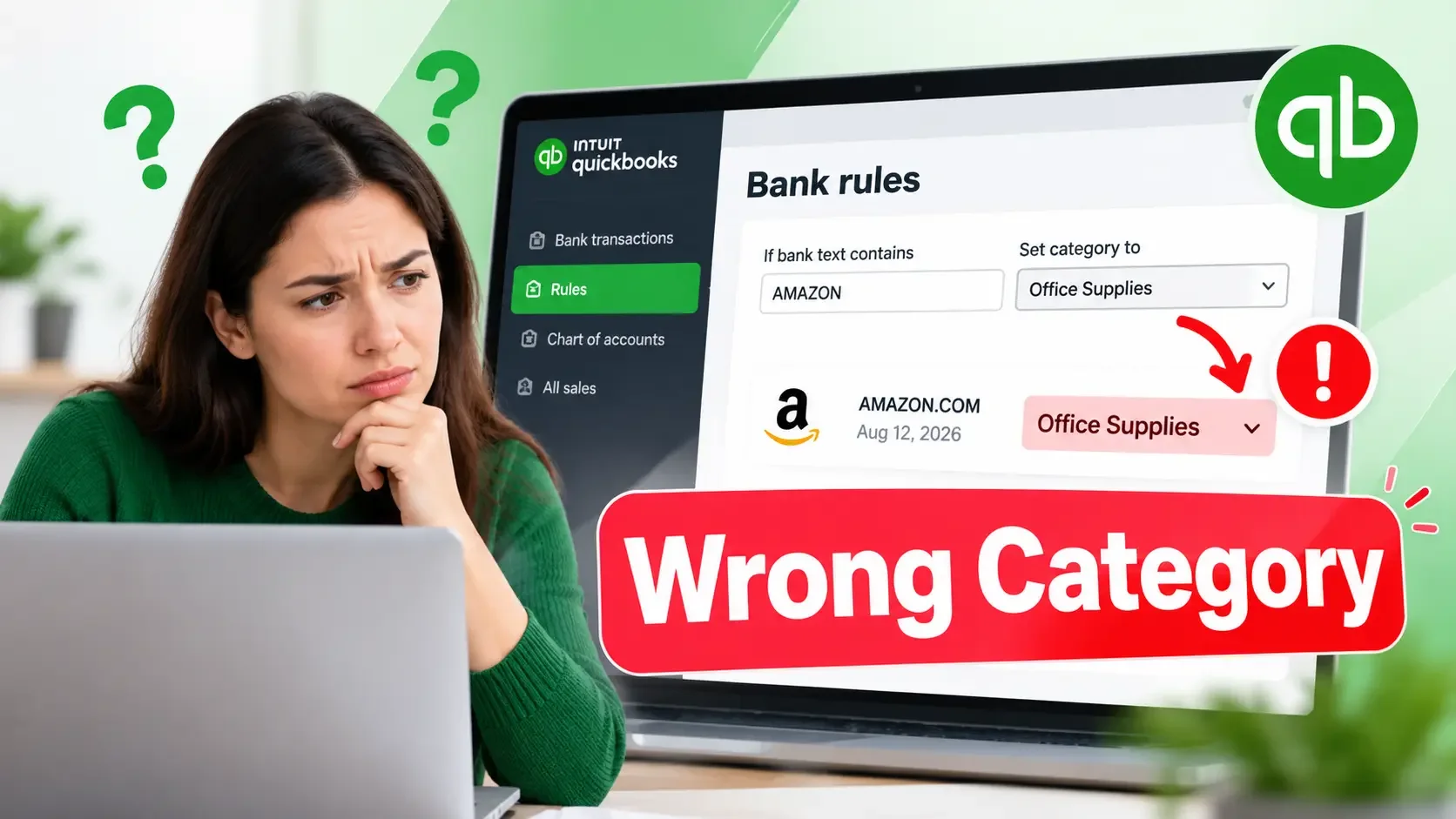 QuickBooks Online bank rule assigning the wrong expense category, showing an incorrect Office Supplies classification and warning symbol.