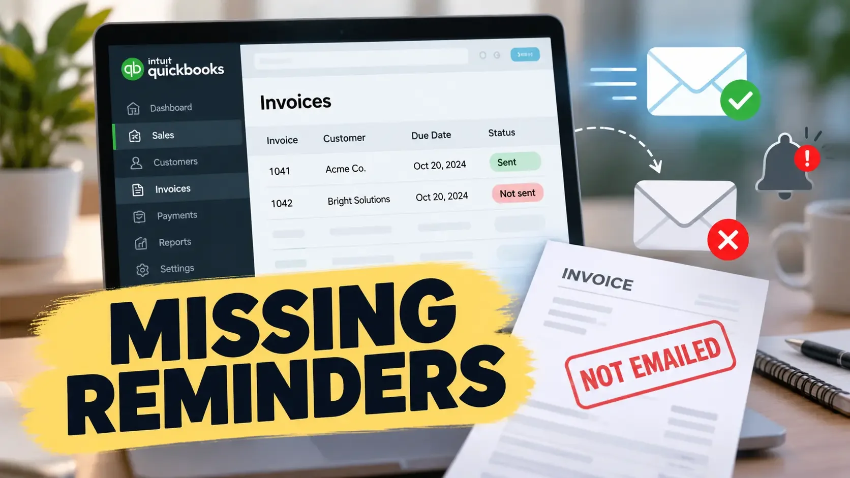 QuickBooks Online showing an unsent invoice, a missing payment reminder alert, and a comparison between sent and unsent invoices.