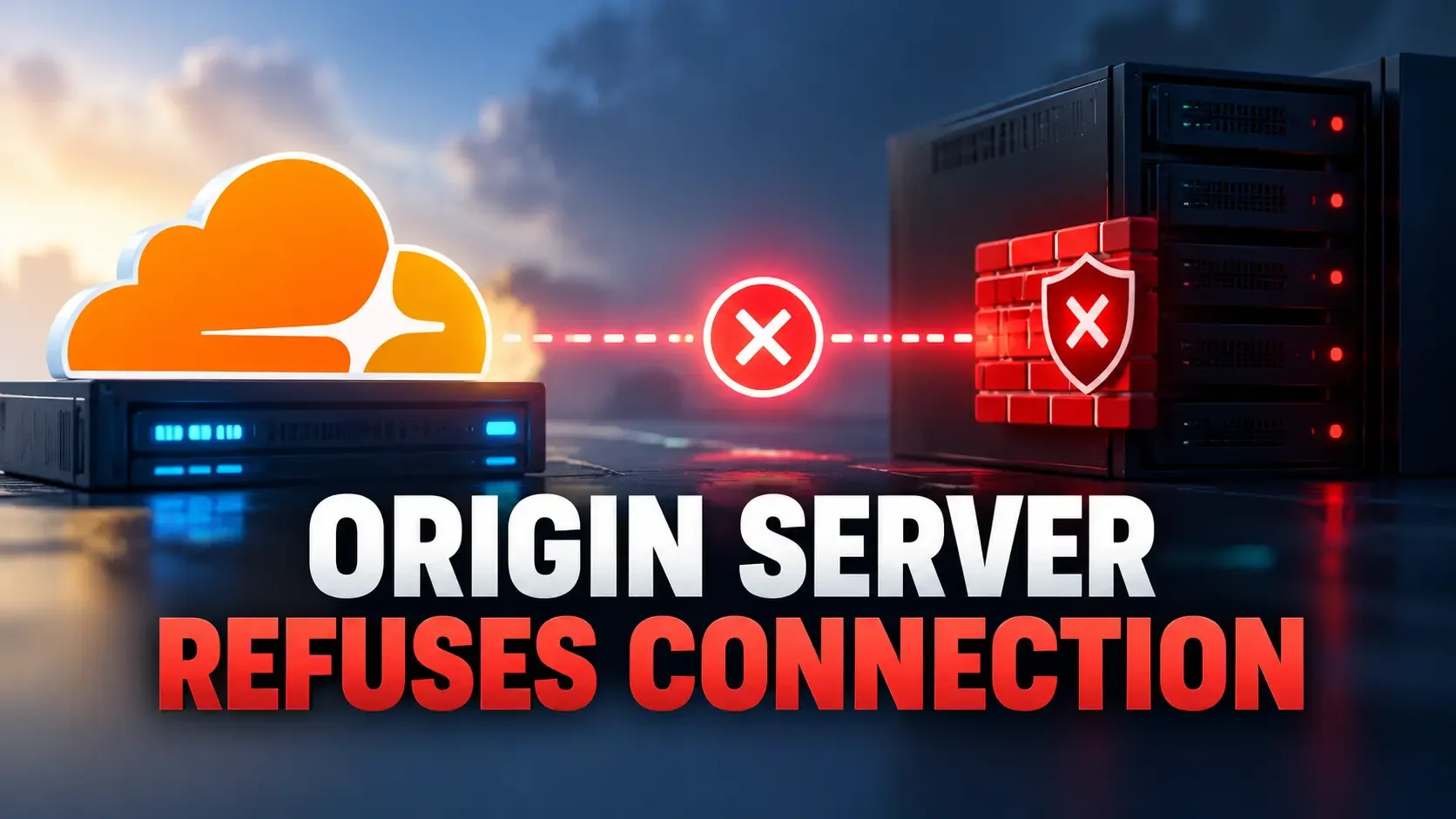 Cloudflare Error 521 illustration showing a refused connection between Cloudflare and an origin server, with a red firewall blocking the connection.