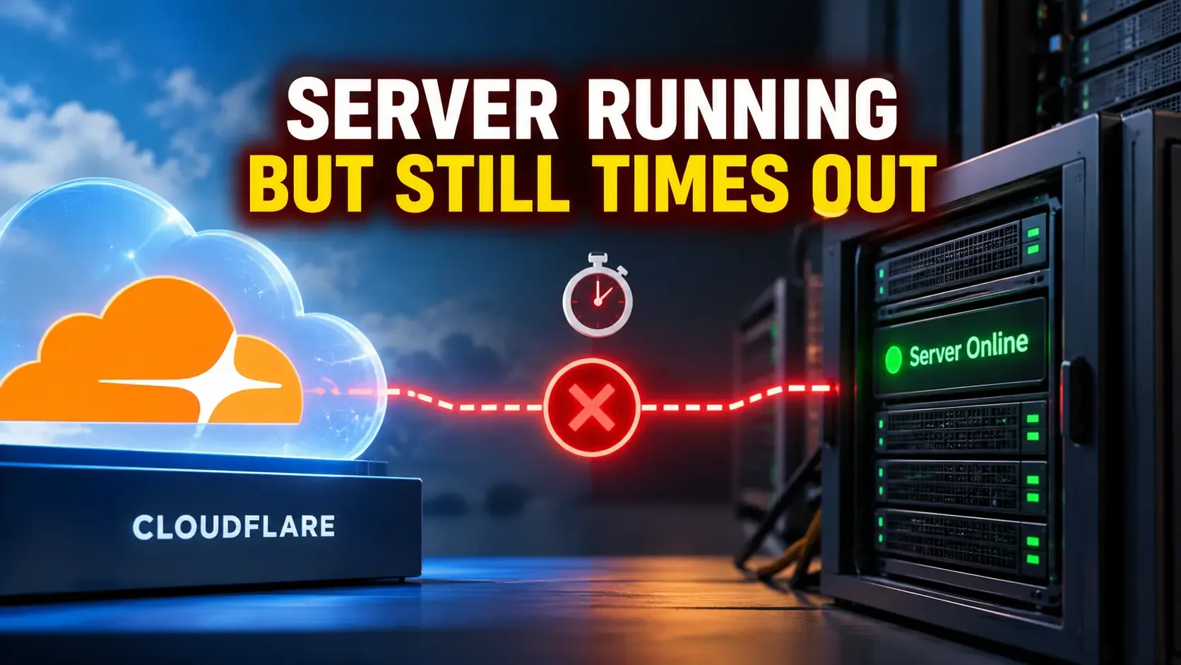 Cloudflare Error 522 illustration showing a running origin server with a failed connection and timeout between Cloudflare and the server.