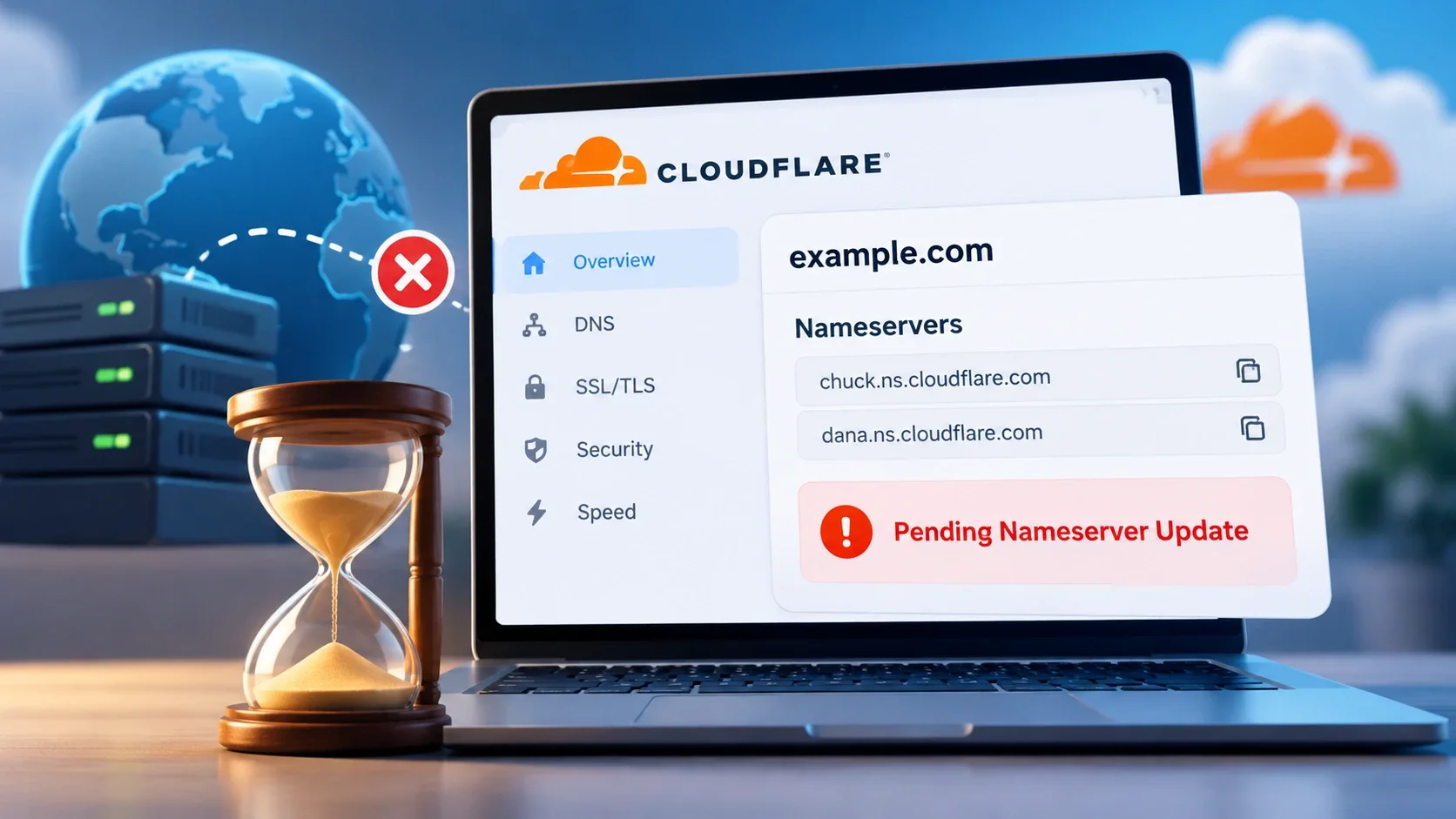 Cloudflare dashboard showing Pending Nameserver Update despite matching domain nameservers, with an hourglass indicating delayed activation.