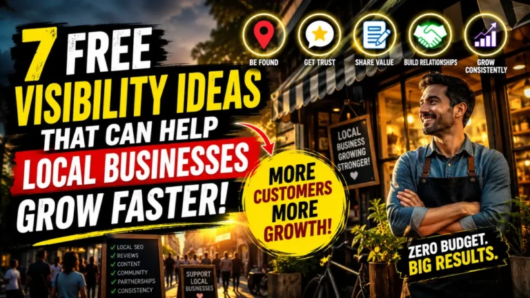 Cinematic feature image showing a smiling local business owner with bold text about free visibility ideas helping local businesses grow faster through reviews, local SEO, content, partnerships, and community trust.