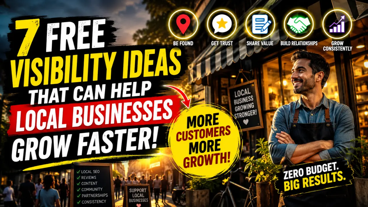 Cinematic feature image showing a smiling local business owner with bold text about free visibility ideas helping local businesses grow faster through reviews, local SEO, content, partnerships, and community trust.