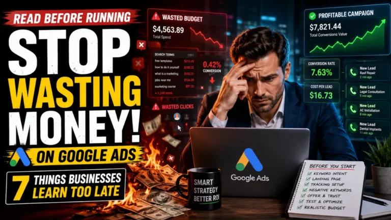 Business owner struggling with Google Ads campaign costs and marketing mistakes on analytics dashboard