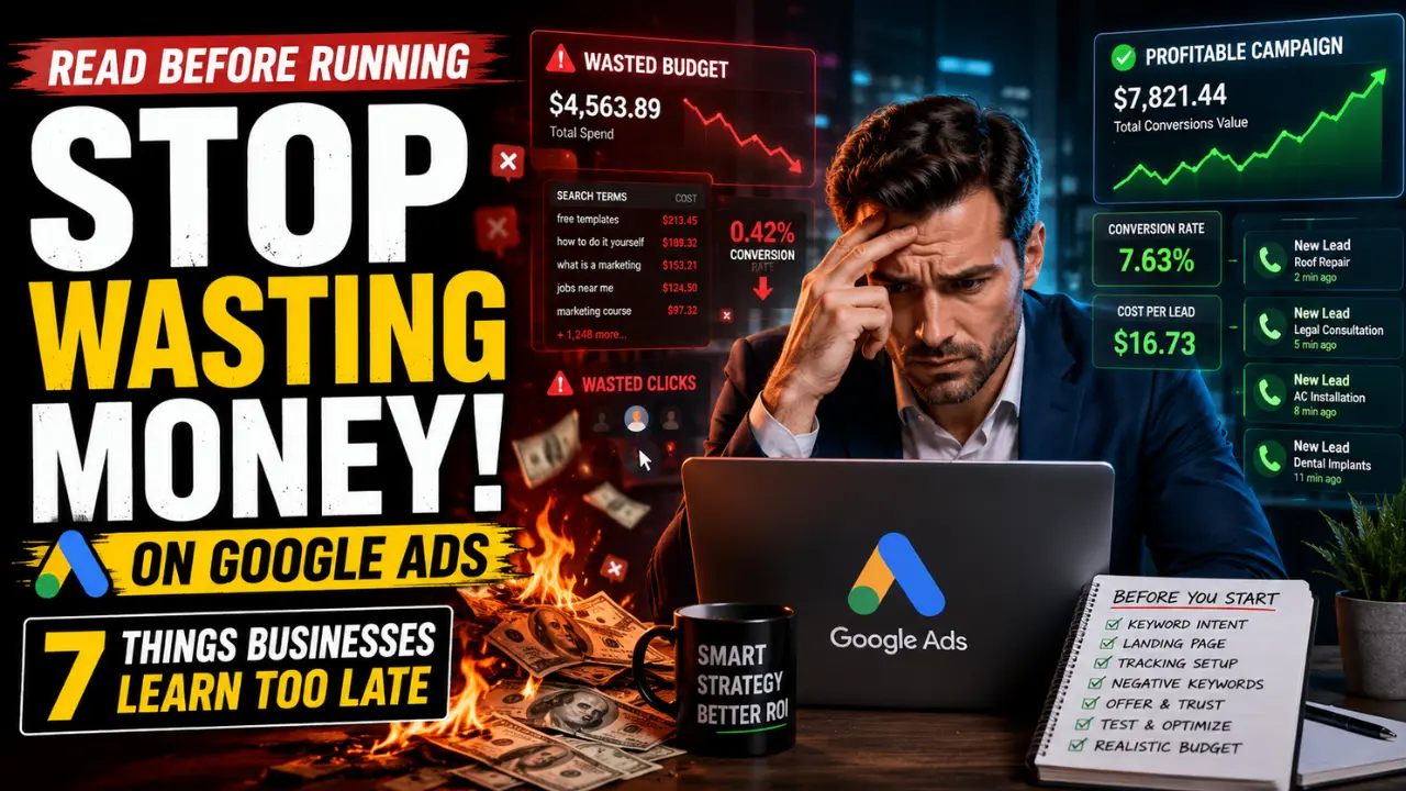 Business owner struggling with Google Ads campaign costs and marketing mistakes on analytics dashboard