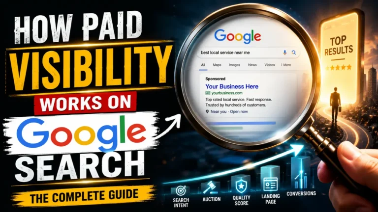 Cinematic Google Search advertising illustration showing paid visibility, search ads, Quality Score, landing pages, and business growth concepts.