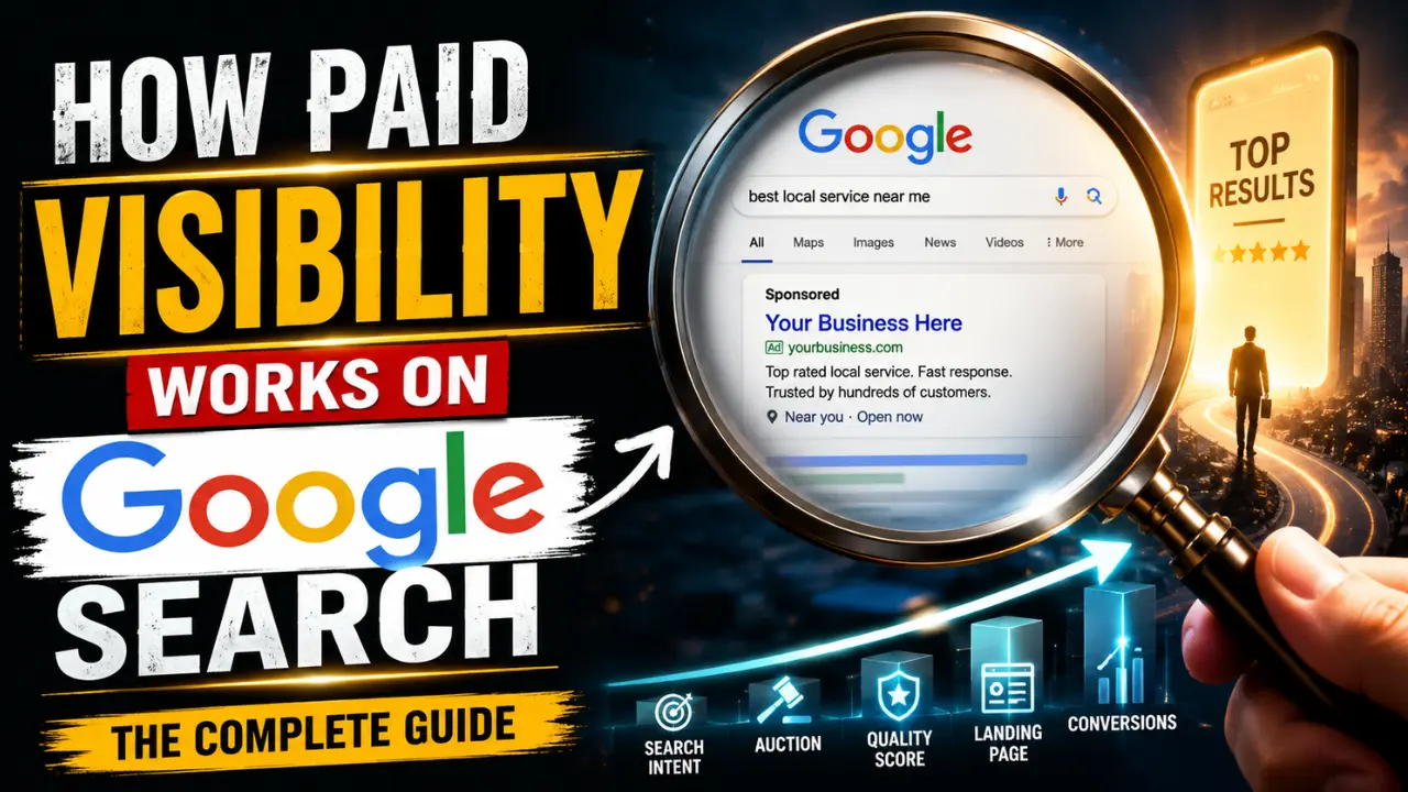 Cinematic Google Search advertising illustration showing paid visibility, search ads, Quality Score, landing pages, and business growth concepts.