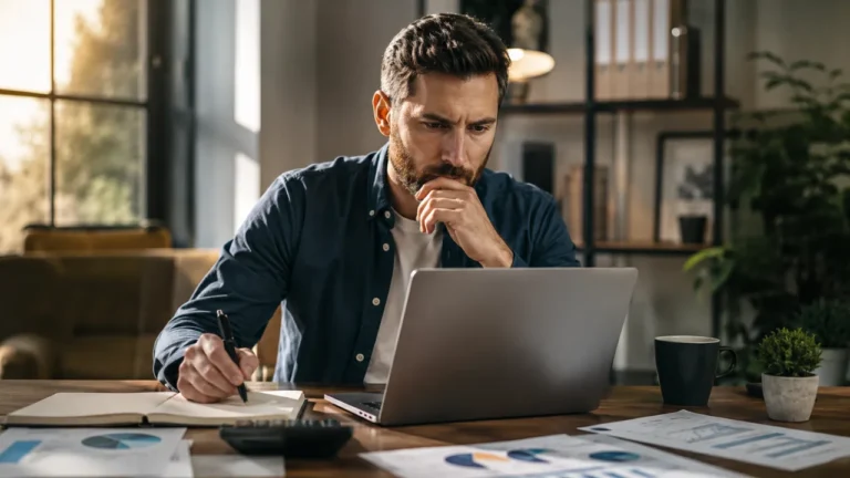 Small business owner calculating Google Ads costs, customer profit, and break-even returns on a laptop.