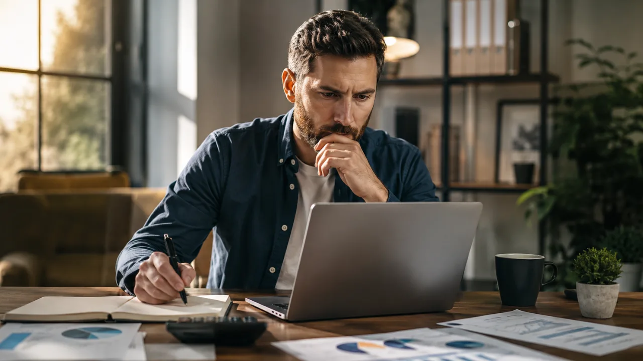Small business owner calculating Google Ads costs, customer profit, and break-even returns on a laptop.