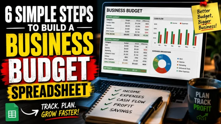 Cinematic small business budget spreadsheet illustration showing financial tracking, cash flow charts, income and expense planning on a laptop screen.