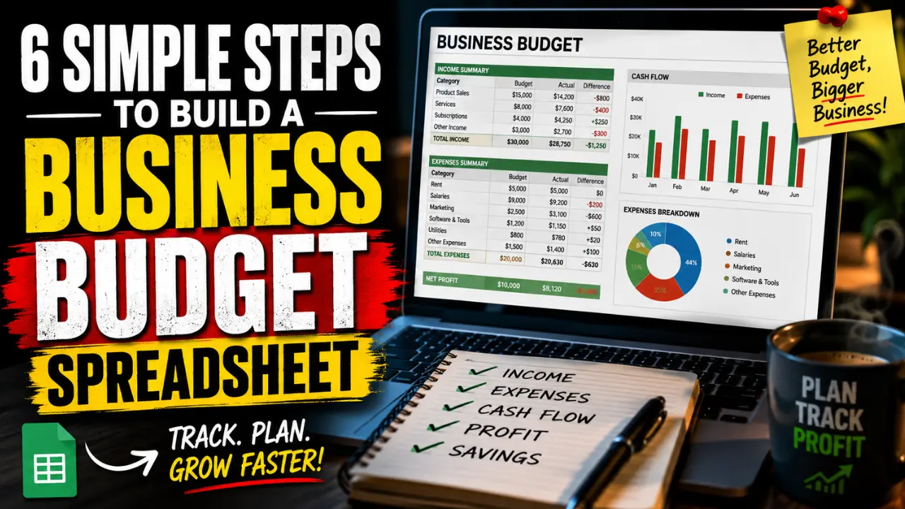 Cinematic small business budget spreadsheet illustration showing financial tracking, cash flow charts, income and expense planning on a laptop screen.