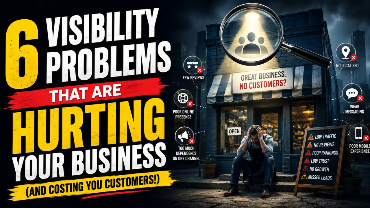 Feature Image File Name: small-business-visibility-problems.jpg Alt Text: Small business owner looking stressed outside a quiet storefront with visibility problems, low trust, poor mobile experience and weak online presence highlighted in cinematic style.