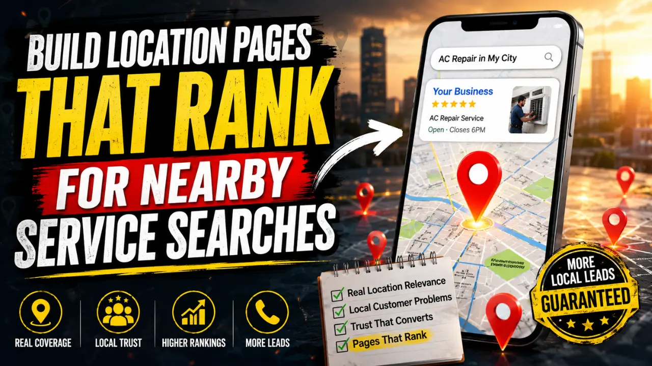 Cinematic digital marketing image showing location page ranking strategy with map pins, mobile search, local leads, and bold text about building location pages that rank.