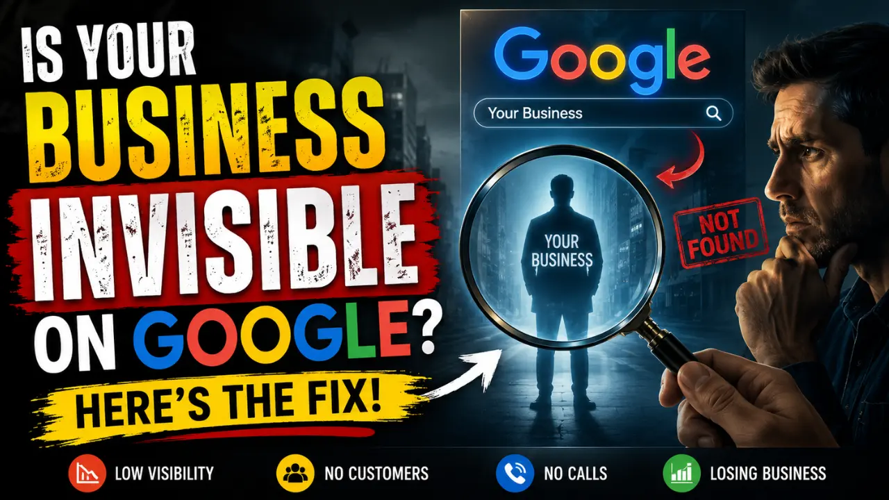 Business owner looking at an invisible company in Google search results through a magnifying glass, illustrating why businesses struggle with online visibility and how to improve Google rankings and local search presence.