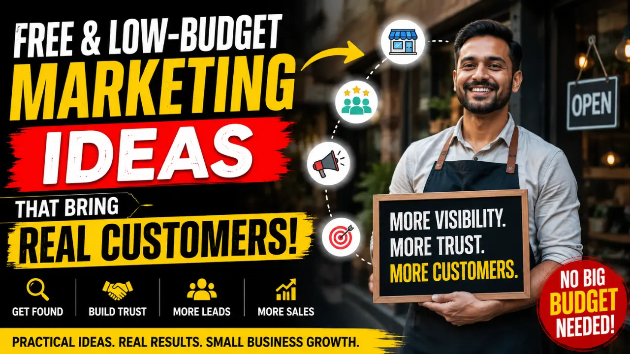 Small business owner promoting free and low-budget marketing ideas to get more visibility, build trust and attract real customers.