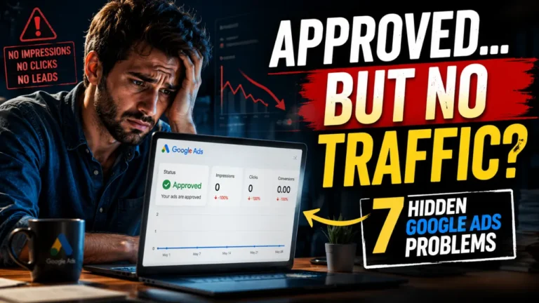 Frustrated small business owner looking at a Google Ads dashboard showing approved ads but zero impressions and clicks while trying to understand why no traffic is coming in.
