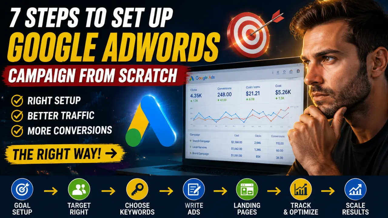 Business owner reviewing a Google Ads campaign setup dashboard with strategy elements showing keyword targeting, ad structure, landing pages, and conversion tracking for beginners learning how to set up Google AdWords from scratch.