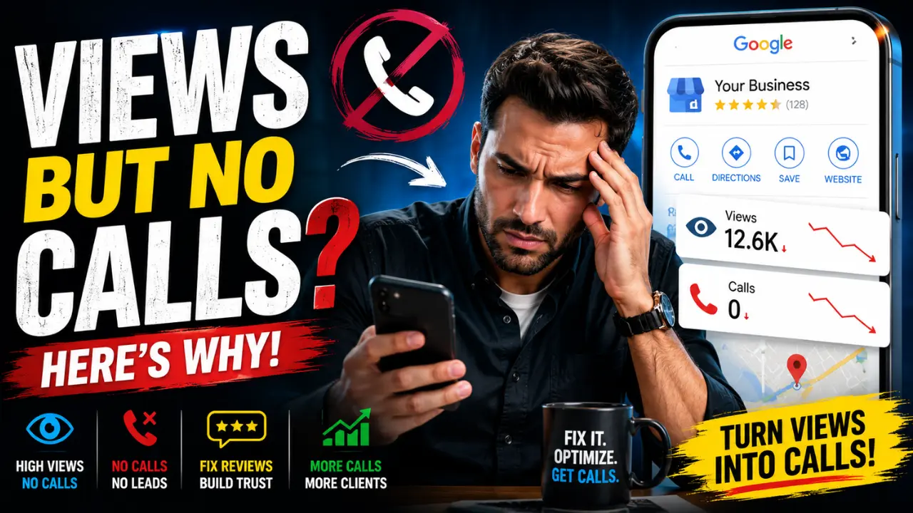 Frustrated business owner looking at Google Business Profile performance showing many views but zero calls, with bold text about turning views into calls.