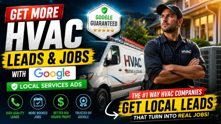 HVAC technician beside service van and outdoor AC unit with bold Google Local Services Ads text about getting more HVAC leads and booked jobs.