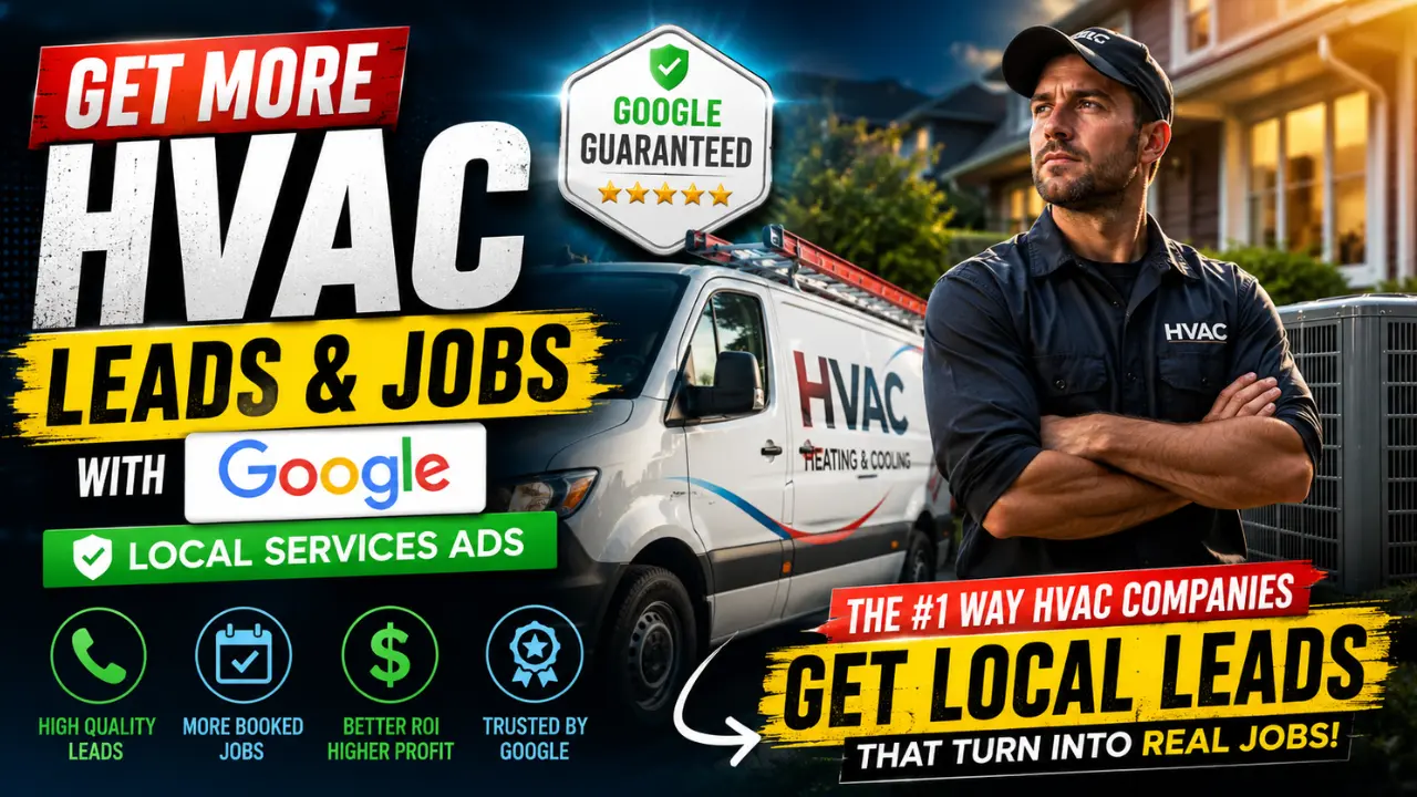 HVAC technician beside service van and outdoor AC unit with bold Google Local Services Ads text about getting more HVAC leads and booked jobs.