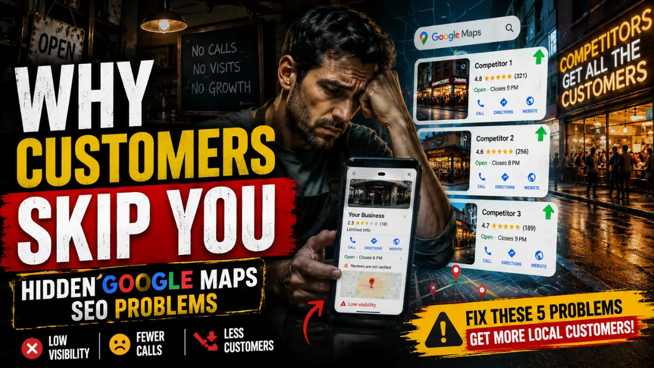 Stressed local business owner looking at a weak Google Maps business profile while nearby competitors attract more customers with stronger visibility, reviews, and local SEO presence.
