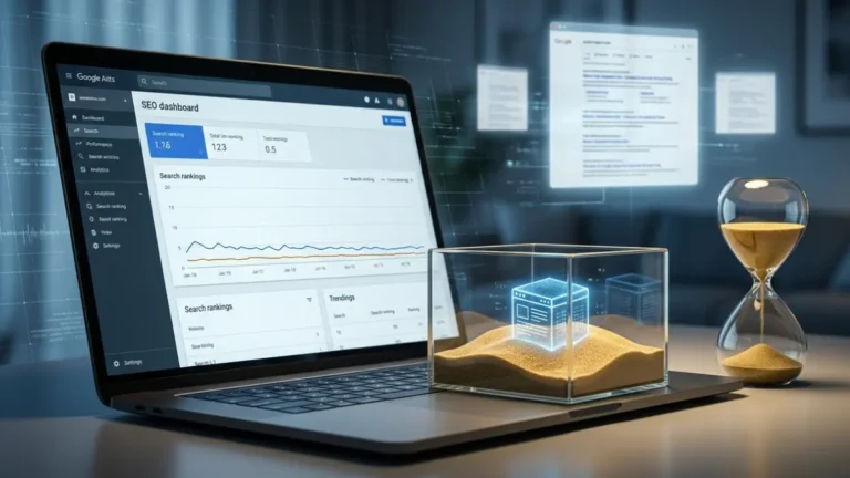 Website analytics dashboard showing a site trapped in a glass sandbox, symbolizing Google Sandbox ranking delay.