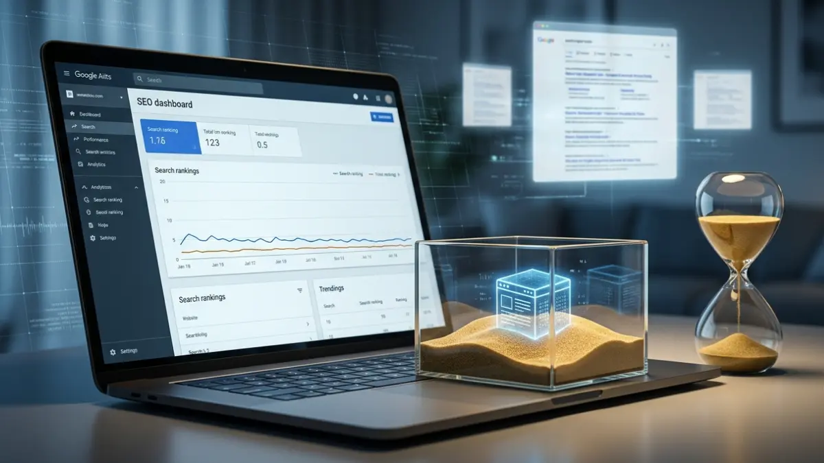 Website analytics dashboard showing a site trapped in a glass sandbox, symbolizing Google Sandbox ranking delay.