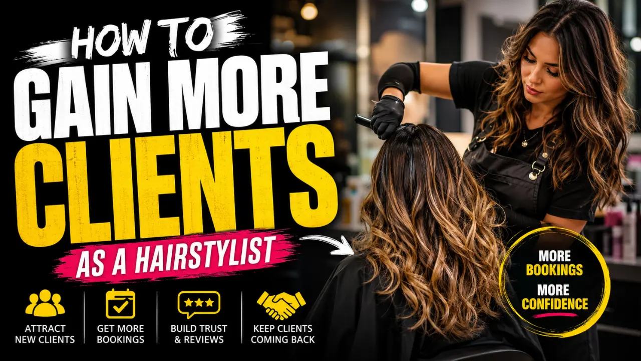 Hairstylist working on a client’s hair in a salon with bold text about gaining more clients, more bookings, trust, reviews, and repeat clients.