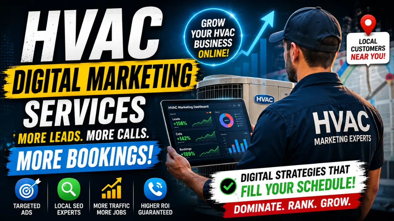 HVAC technician viewing a digital marketing dashboard with bold text about HVAC digital marketing services, more leads, more calls, and more bookings.