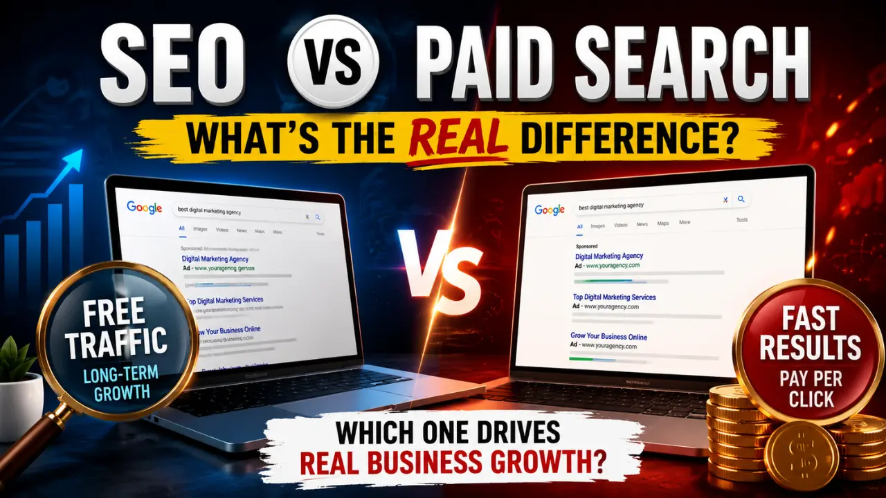 Cinematic comparison image showing SEO and paid search side by side with Google search results, growth charts, advertising visuals, and bold text explaining the real difference between organic traffic and paid ads for business growth.