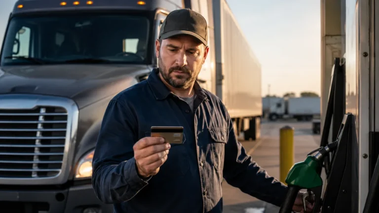 Small business truck driver checking a diesel fuel card beside a fuel pump and commercial truck