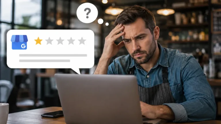 Small business owner looking concerned at a laptop after noticing a missing Google review on the business profile