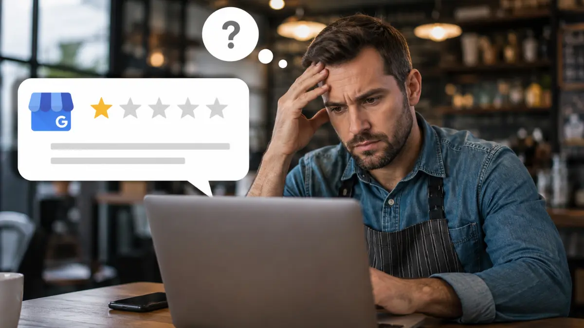 Small business owner looking concerned at a laptop after noticing a missing Google review on the business profile