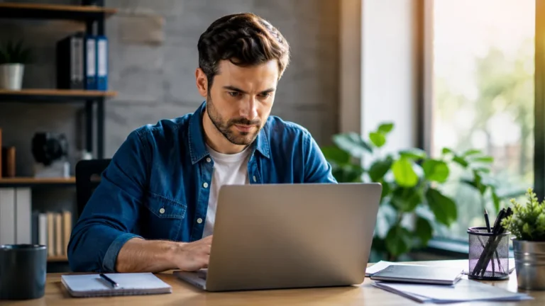 Small-business owner reviewing registration documents beside a laptop while applying for a free D-U-N-S Number