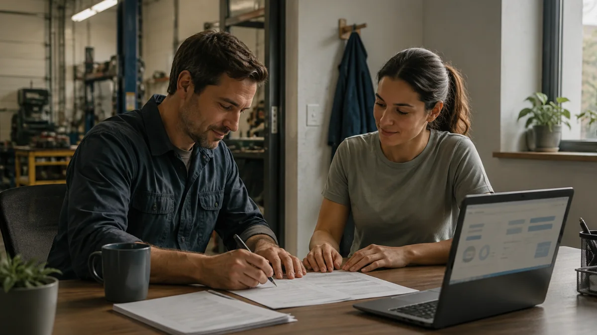 Sole proprietor completing first-employee hiring documents with a new staff member in a small business workshop office.